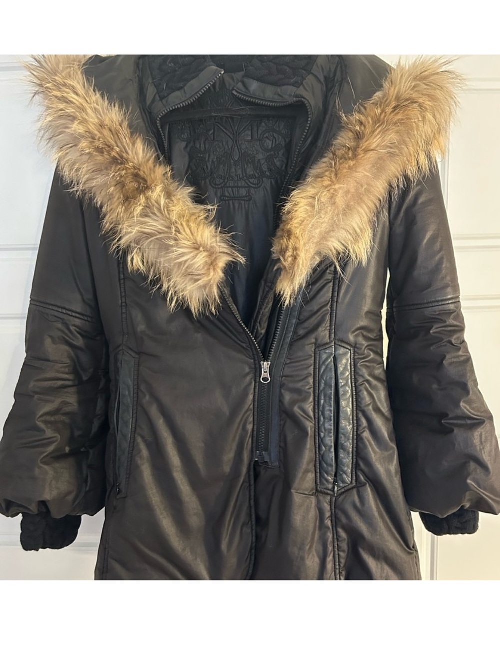 Mackage Black Puffer Coat with Tan Real Fur Hood Trim